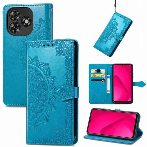 Funda de Cuero con Relieve Flor de Mandala para Teléfono Oukitel C53 (Azul)