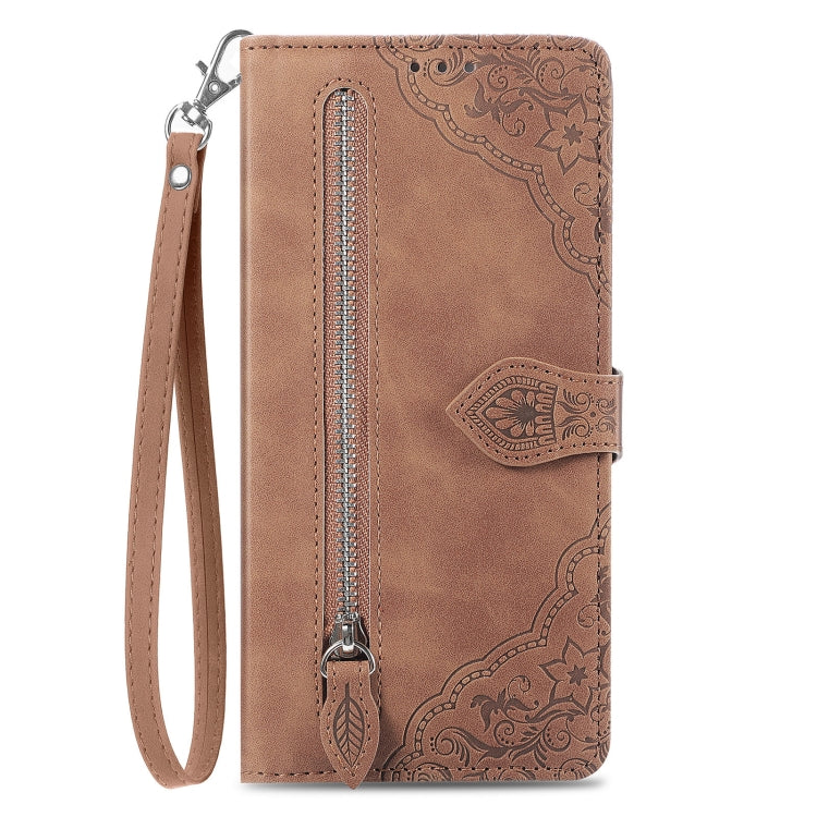 Funda de Cuero con Cremallera Nxtpaper para TCL 50 Pro (Marrón) con Diseño de Flores en Relieve