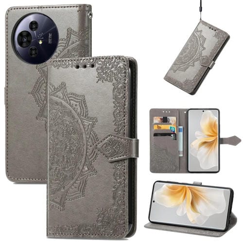 Funda de Cuero Mandala para TCL 50 Pro Nxtpaper con Relieve Flores (Gris)