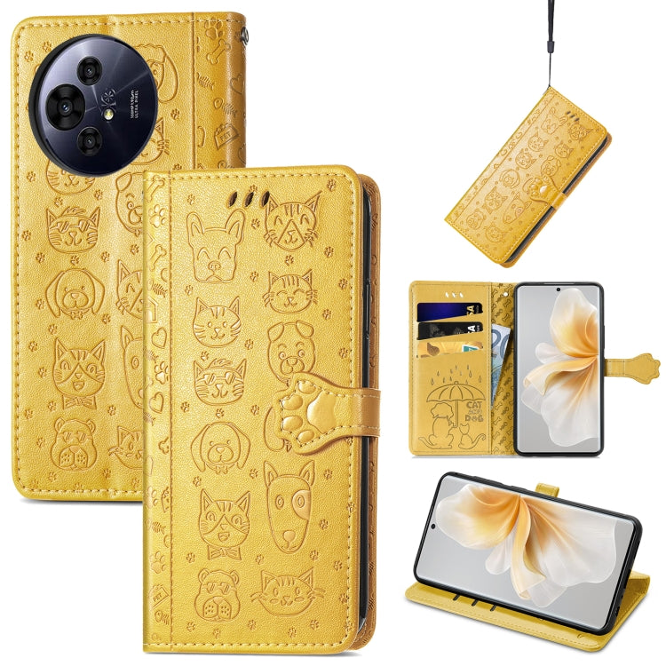Funda de Cuero Nxtpaper con Relieve de Gato y Perro para TCL 50 Pro (Amarillo)