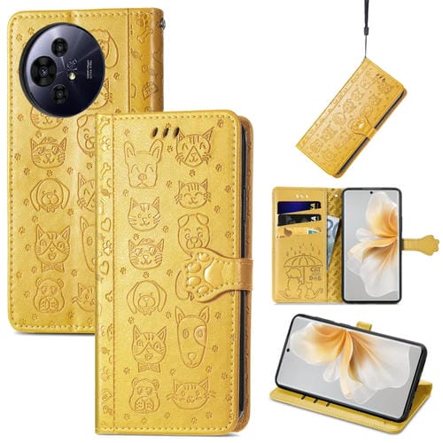 Funda de Cuero Nxtpaper con Relieve de Gato y Perro para TCL 50 Pro (Amarillo)