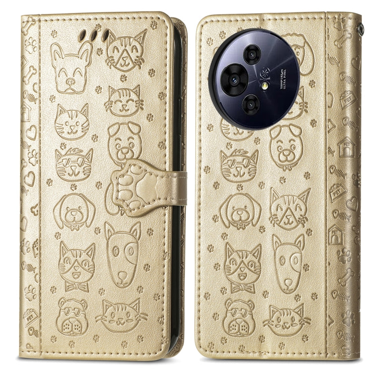 Funda de Cuero Nxtpaper con Relieve Gato y Perro para TCL 50 Pro (Dorada)