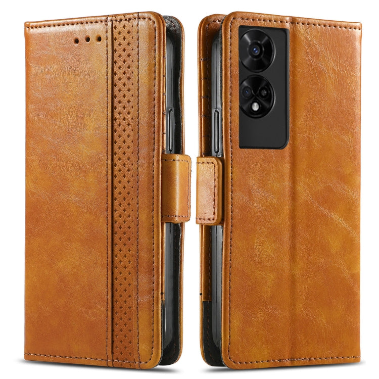 Funda de Cuero Caseneo Splicing con Hebilla Magnética Doble para TCL 50 5G (Caqui)