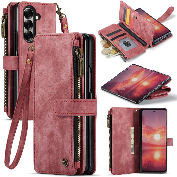 Funda de cuero con cremallera y ranuras para tarjetas para Samsung Galaxy Z Fold7 CaseMe C30 (roja)