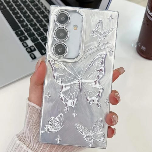 Funda de Teléfono TPU Samsung Galaxy A25 5G Textura Chapada Mariposa Película Lente Brillante (Mariposas Plateadas)
