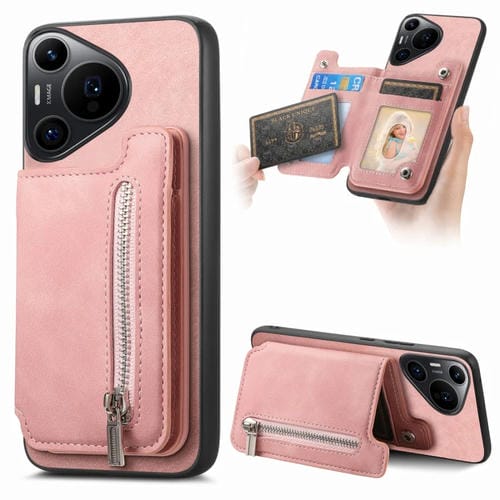Funda para Huawei Pura 70 Pro+ con Cremallera Magsafe, Tarjetero y Ranuras (Rosa)