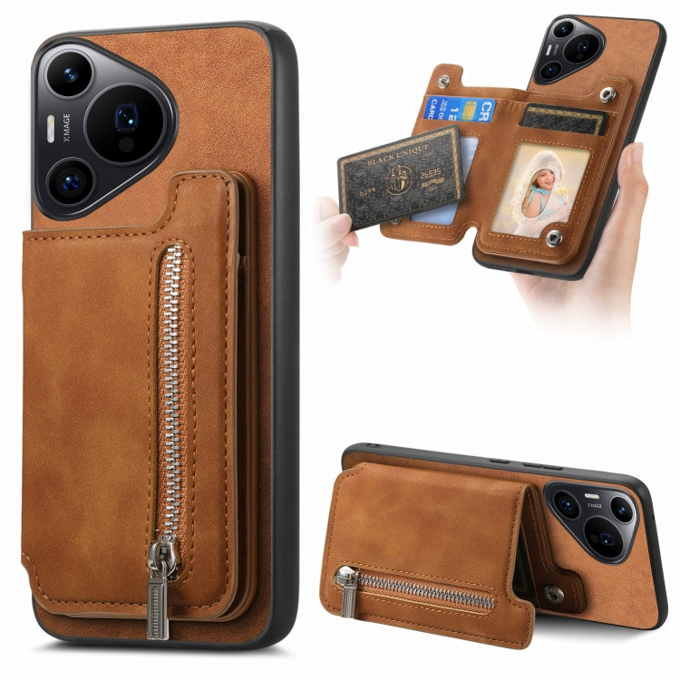 Funda para Teléfono Huawei Pura 70 Pro+ con Cremallera Magsafe, Tarjetero y Ranuras (Marrón)