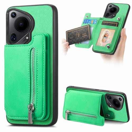 Funda para Teléfono Huawei Pura 70 Ultra Retro con Cremallera Magsafe y Tarjetero (Verde)