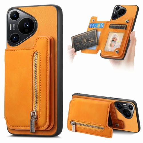 Funda para Teléfono Huawei Pura 70 Retro con Cremallera Magsafe y Tarjetero (Amarillo)