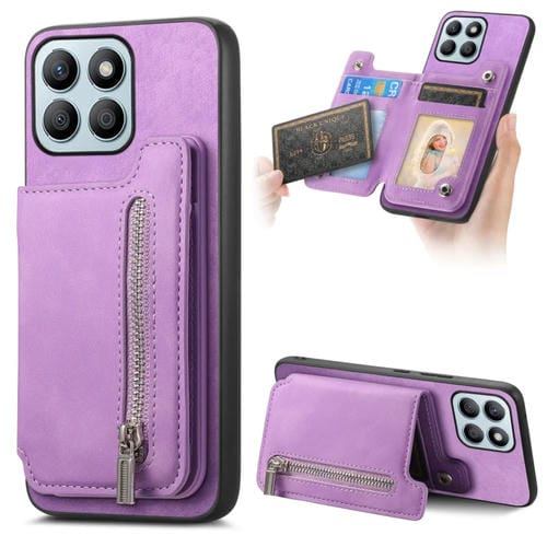 Funda para Teléfono Honor X8B con Tarjetero y Cremallera Retro Magsafe (Morado)
