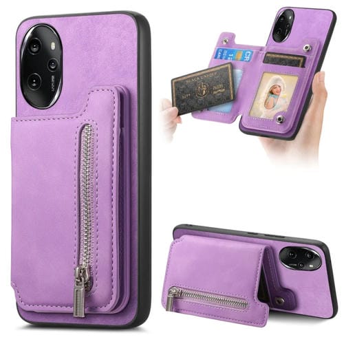 Funda para Teléfono Honor 100 Pro con Cremallera Magsafe, Tarjetero y Cartera (Morado)