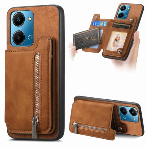 Funda para Teléfono Honor Play 7T/X7A con Cremallera y Tarjetero Retro Magsafe (Marrón)