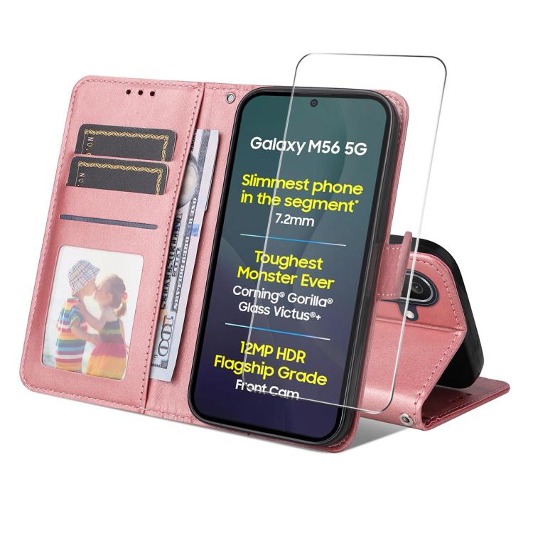 ENKAY - Funda de piel con textura de becerro y protector de pantalla para Samsung Galaxy M56 (rosa)