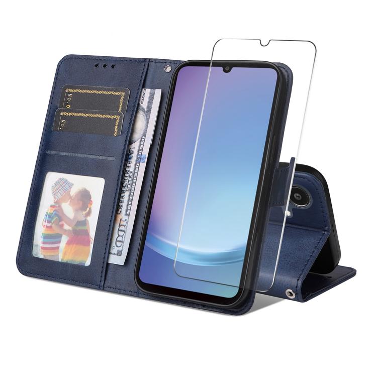 ENKAY - Funda de piel con textura de becerro y protector de pantalla para Samsung Galaxy A07 (azul)