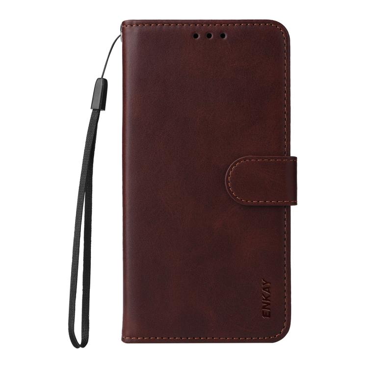 ENKAY - Funda de piel con textura de becerro y protector de pantalla para Samsung Galaxy A07 (marrón)