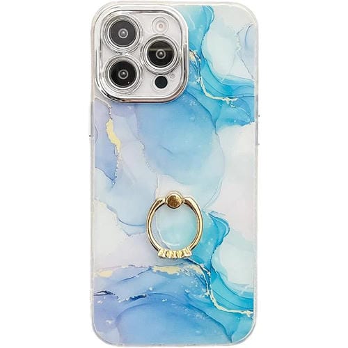 Funda para teléfono iPhone 16 Pro con soporte de anillo y textura de mármol galvanizado (Azul y Verde)