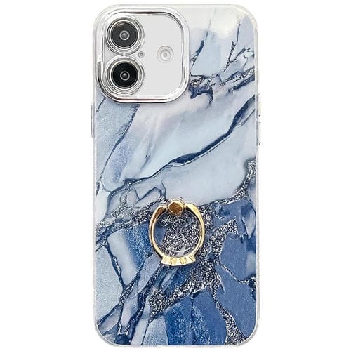 Funda para Teléfono iPhone 16 Soporte de Anillo Textura Mármol Galvanizado (Azul Marino)