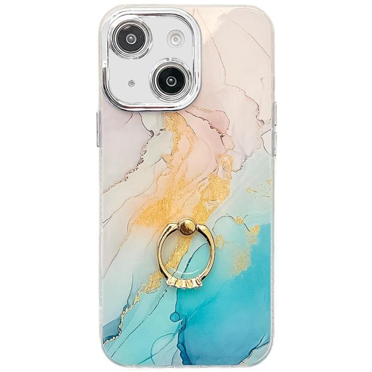 Funda para Teléfono iPhone 14 Soporte de Anillo Textura Mármol Galvanizado (Amarillo Verde)