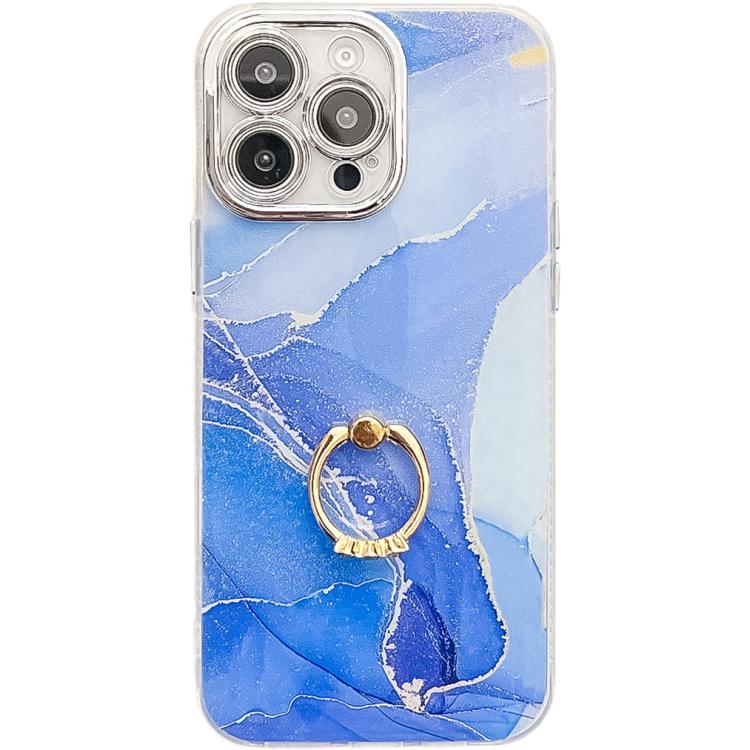Funda para Teléfono iPhone 14 Pro con Soporte de Anillo y Textura Mármol Galvanizado (Azul Oscuro)