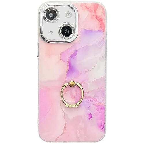 Funda para Teléfono iPhone 13 con Soporte de Anillo Textura Mármol Galvanizado (Rosa Púrpura)