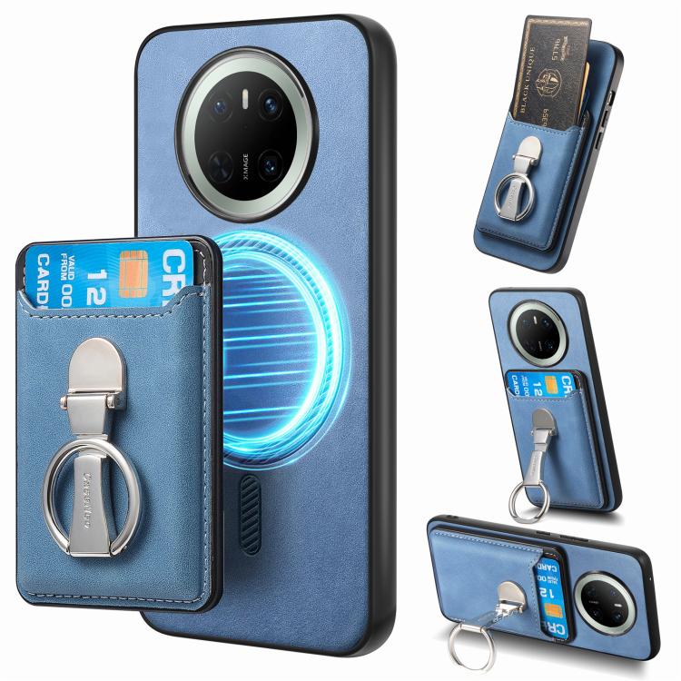 Estuche para Teléfono Huawei Mate 70 Pro con Soporte, Tarjetas y Anillo Plegable (Azul)