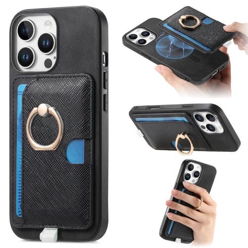 Funda para iPhone 16 Pro Max Cuero Ranuras para Tarjetas Anillo Diseño Retro (Negro)