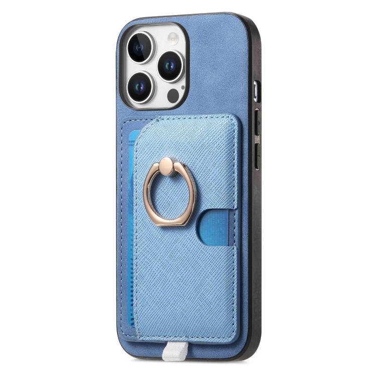 Funda para iPhone 16 Pro Cuero Diseño Retro Cruzado con Ranuras para Tarjetas (Azul)