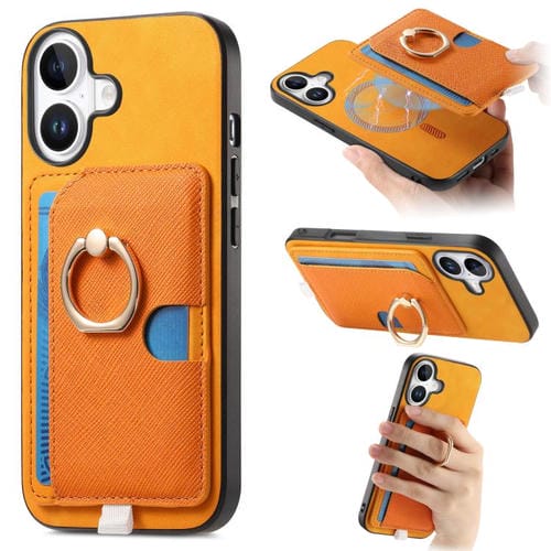 Funda para iPhone 16 Ranuras Tarjetas Diseño Retro Cruz Anillo Lateral Magsafe (Amarillo)