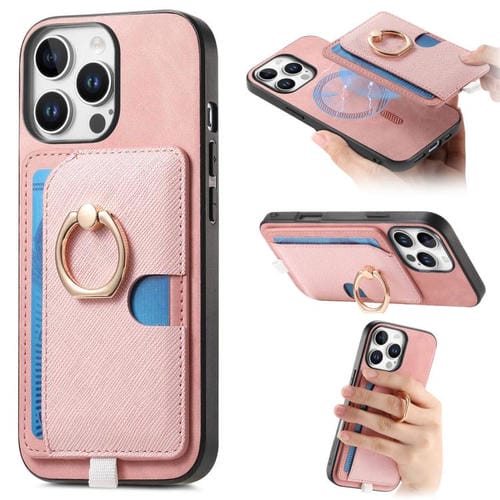 Funda para Teléfono Magsafe iPhone 15 Pro Max Ranuras Tarjetas Anillo Lateral Cuero Diseño Retro Cruzado (Rosa)