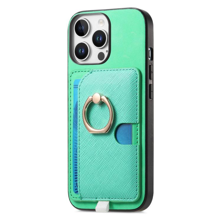 Funda para iPhone 15 Pro Max Cuero con Ranuras para Tarjetas y Anillo (Verde)