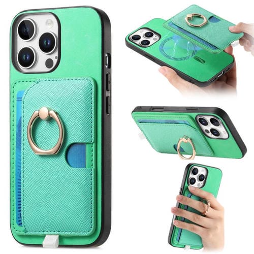 Funda para iPhone 15 Pro Cuero con Ranuras para Tarjetas y Anillo Diseño Retro (Verde)