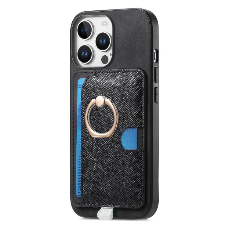 Funda para iPhone 15 Pro Cuero con Ranuras para Tarjetas y Anillo Retro Cruzado (Negro)