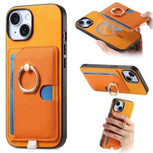 Funda para iPhone 15 Cuero Diseño Retro Cruzado Ranuras para Tarjetas Anillo (Amarillo)
