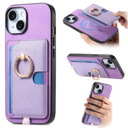 Funda para iPhone 15 con Ranuras para Tarjetas Diseño Retro Cruz Anillo Lateral (Morado)