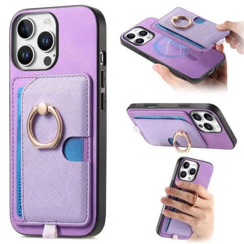 Funda para Teléfono Magsafe Cuero Diseño Retro Cruzado Ranuras Tarjetas Anillo Lateral iPhone 14 Plus (Morado)