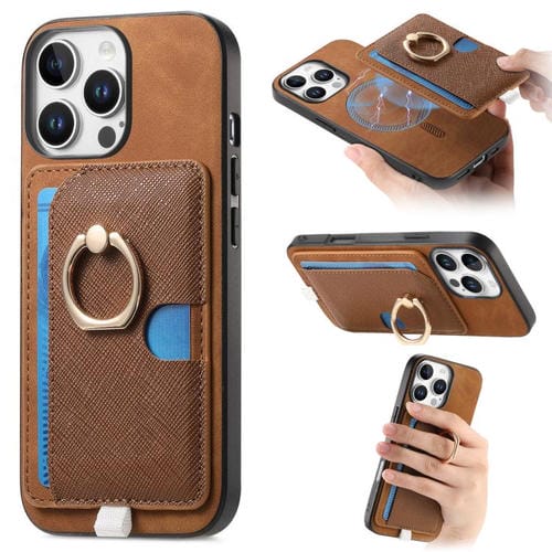 Funda para Teléfono Magsafe con Anillo de Cuero Cruz Retro para iPhone 14 Pro (Marrón)
