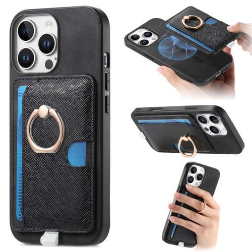 Funda para Teléfono Magsafe con Anillo de Cuero Cruz Retro para iPhone 14 Pro (Negro)