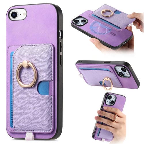 Funda para iPhone 7/8/Se 2022 con Ranuras para Tarjetas Diseño Retro Cruz Anillo Lateral (Morado)