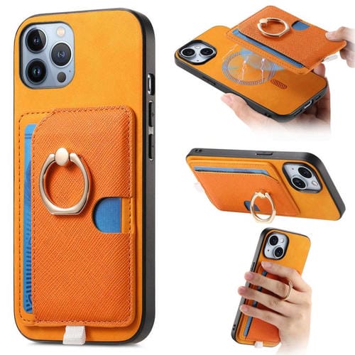 Funda para Teléfono Magsafe iPhone 12 Pro Max Anillo Lateral Cuero Cruz Retro (Amarillo)
