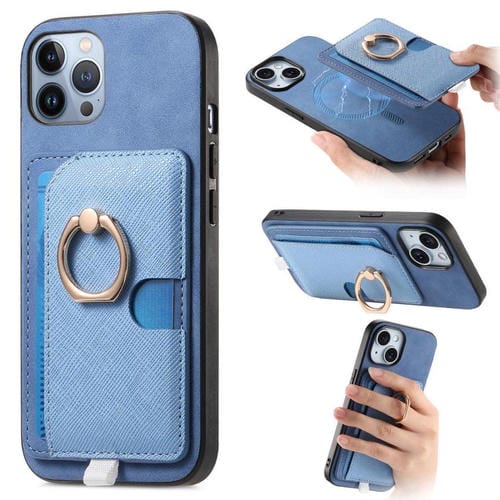 Funda para Teléfono iPhone 12 Pro Max Ranuras Tarjetas Anillo Cuero Diseño Retro (Azul)