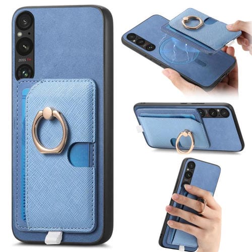 Estuche para Teléfono Sony Xperia 1 Vi con Ranuras para Tarjetas y Anillo Lateral (Azul)