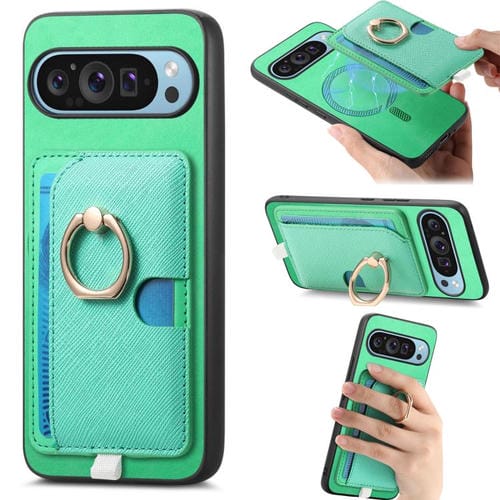 Funda para Google Pixel 9 Pro XL Magsafe con Ranuras para Tarjetas y Anillo Lateral (Verde)