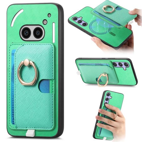 Estuche para Teléfono Nothing Phone 2A con Ranuras para Tarjetas y Anillo de Cuero (Verde)