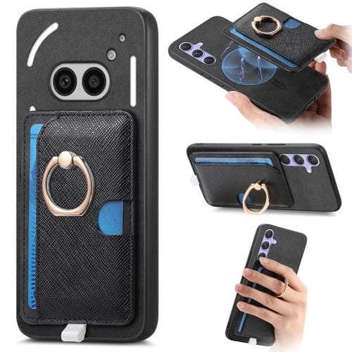 Estuche para Teléfono Nothing Phone 2A con Ranuras para Tarjetas y Anillo de Cuero (Negro)