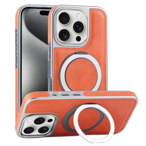 Funda para teléfono Apple iPhone 15 Pro con soporte Magsafe giratorio de cuero granulado (Naranja)