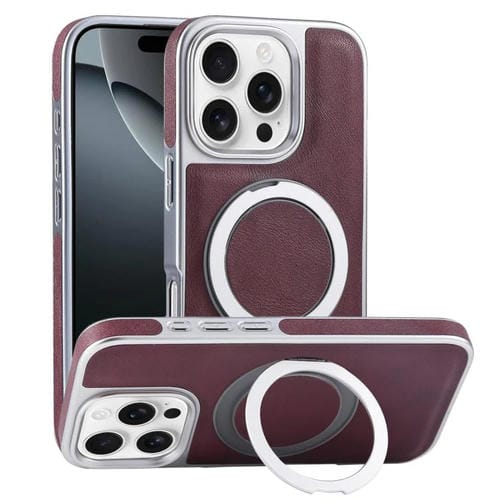 Funda para Teléfono iPhone 16 Pro Soporte Magsafe Giratorio Cuero Granulado (Rojo Oscuro)