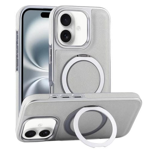 Funda para Teléfono con Soporte Magsafe Giratorio de Piel Granulada Chapada para iPhone 16 (Verde Grisáceo)