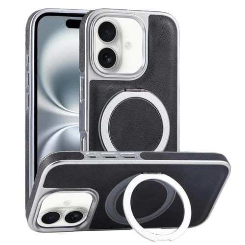 Funda para Teléfono iPhone 16 Soporte Magsafe Giratorio Cuero Granulado (Negro)