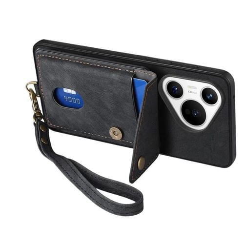 Funda plegable de cuero con correa para Huawei Pura 70, estilo retro, con tarjetero (negra)