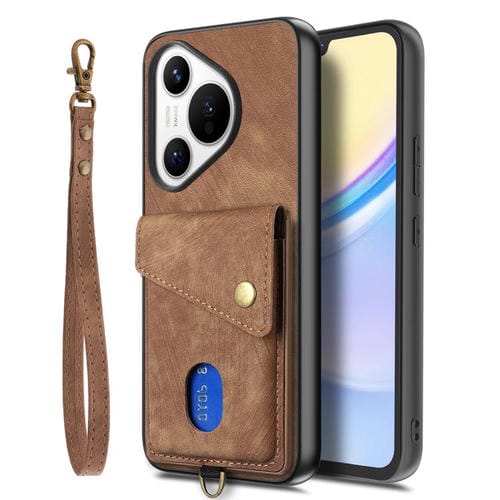 Funda plegable de cuero con correa para Huawei Pura 70, estilo retro, con tarjetero (marrón)
